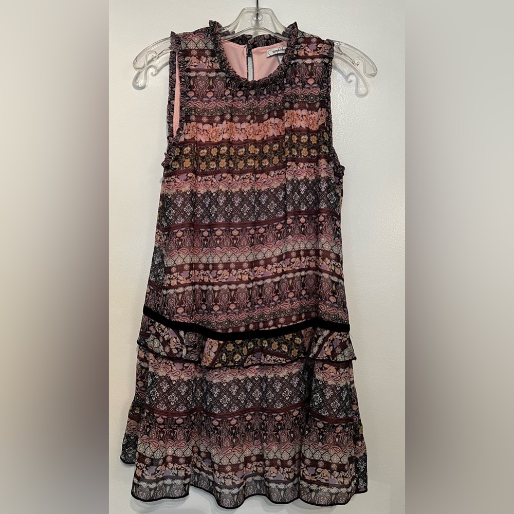 SPEECHLESS Boho SoftPink Brown/Black Cream Chiffon Dress velvet stripe Size XS